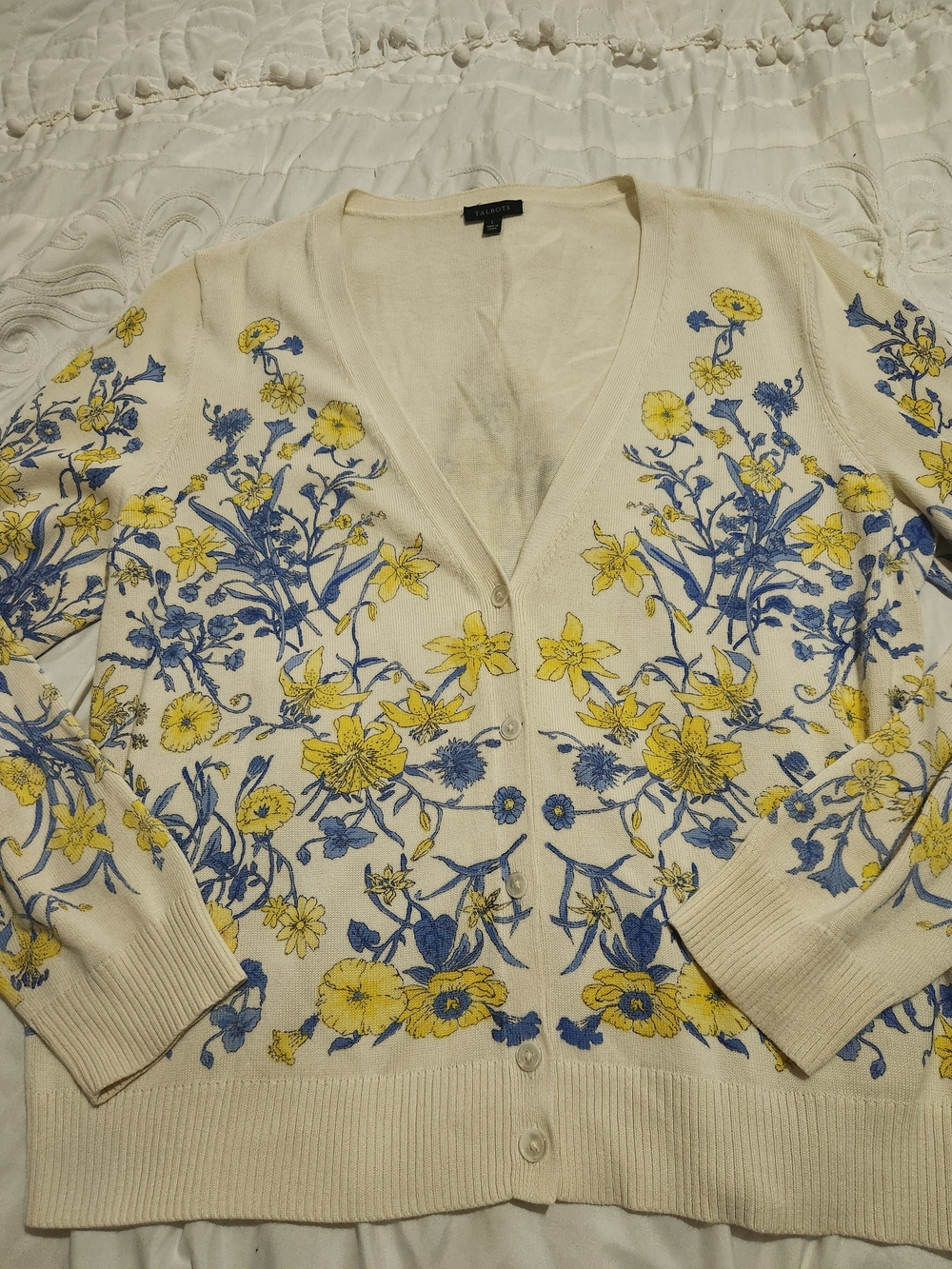Talbot Whimsical Floral V-Neck Cardigan - Cream with Blue & Yellow Flowers